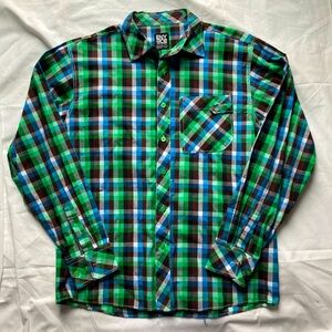 ENYCE Button Up Long Sleeve Greens & Blues Plaid Shirt Size Men’s Large